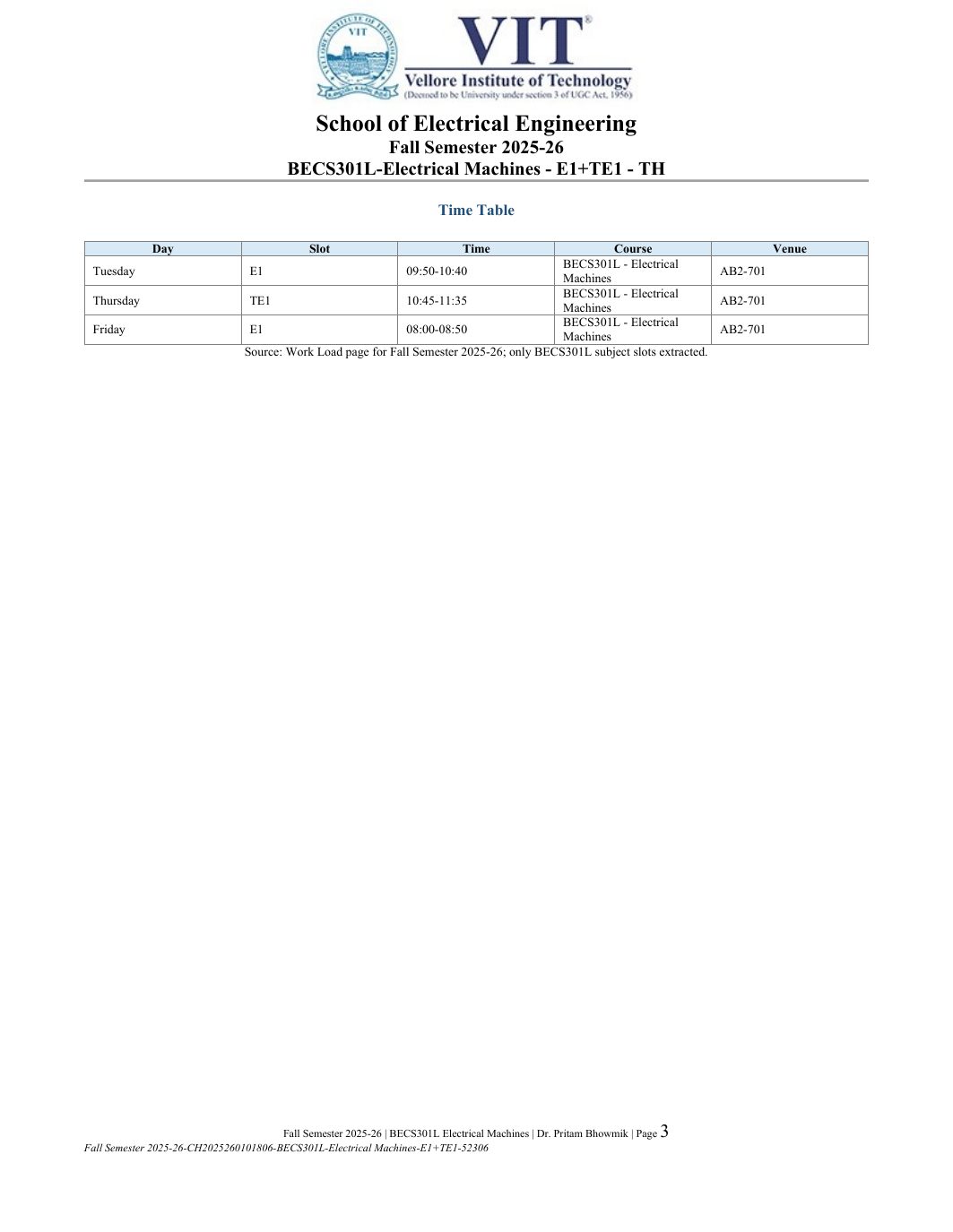 BECS301L Electrical Machines Course File Fall 2025-26 page 3