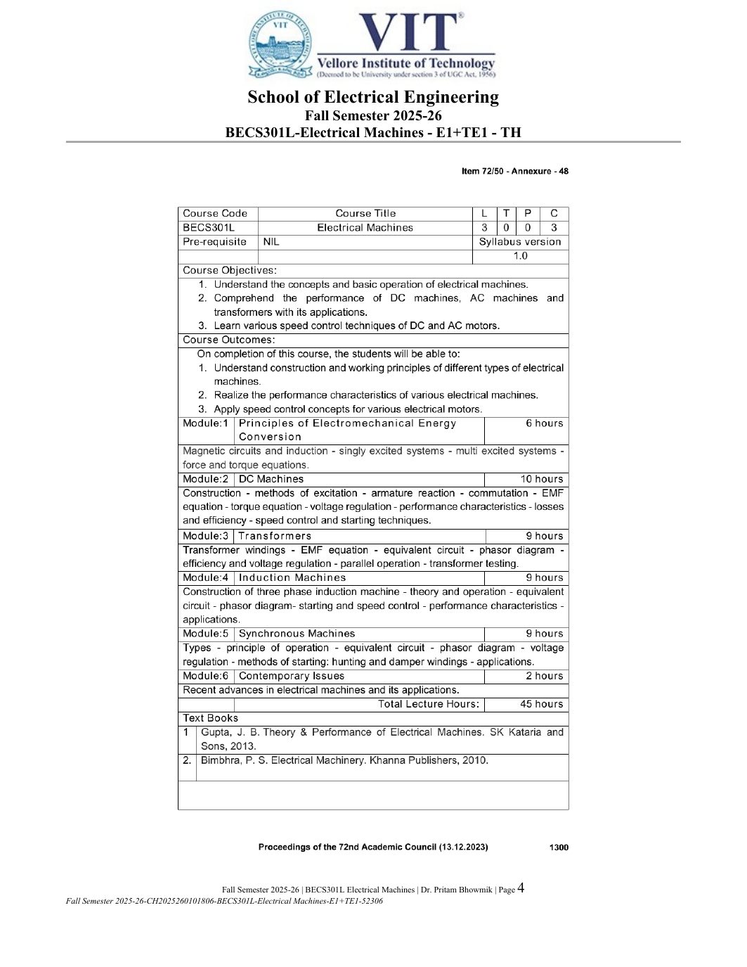 BECS301L Electrical Machines Course File Fall 2025-26 page 4
