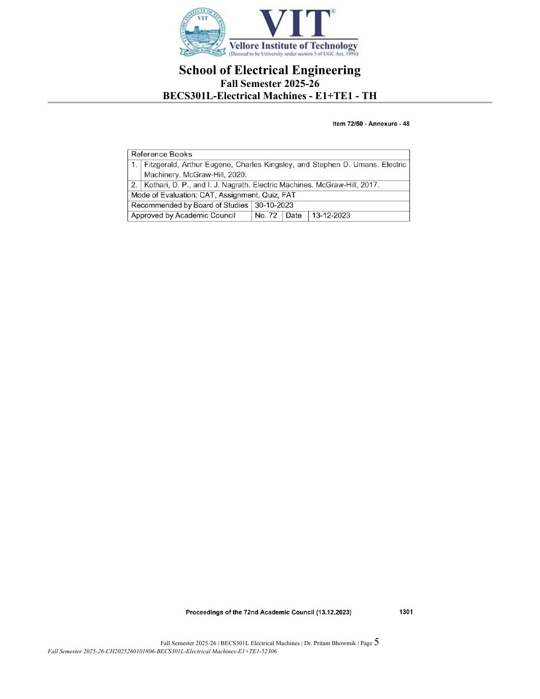 BECS301L Electrical Machines Course File Fall 2025-26 page 5