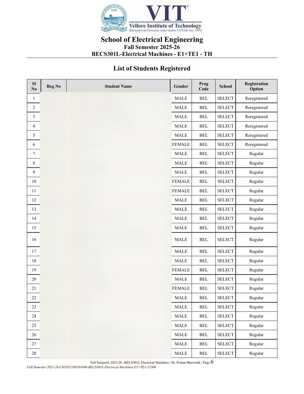 BECS301L Electrical Machines Course File Fall 2025-26 page 6