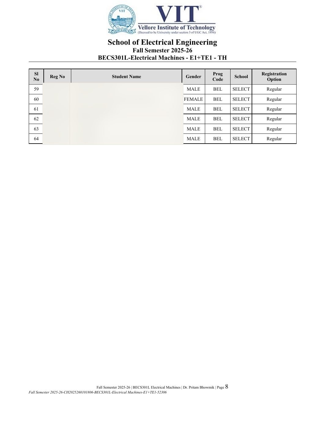 BECS301L Electrical Machines Course File Fall 2025-26 page 8