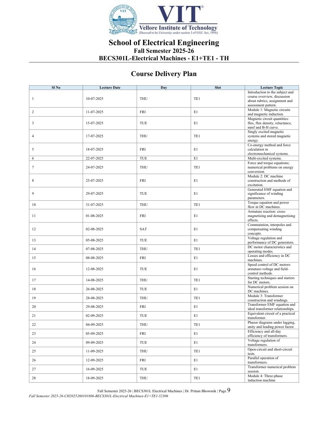 BECS301L Electrical Machines Course File Fall 2025-26 page 9
