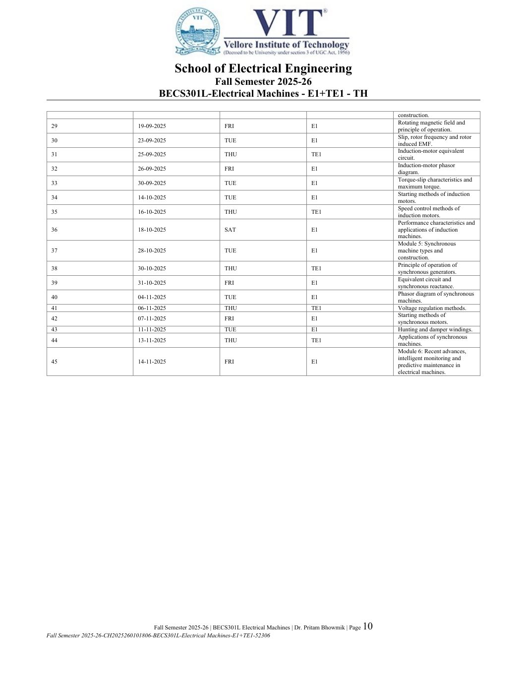 BECS301L Electrical Machines Course File Fall 2025-26 page 10