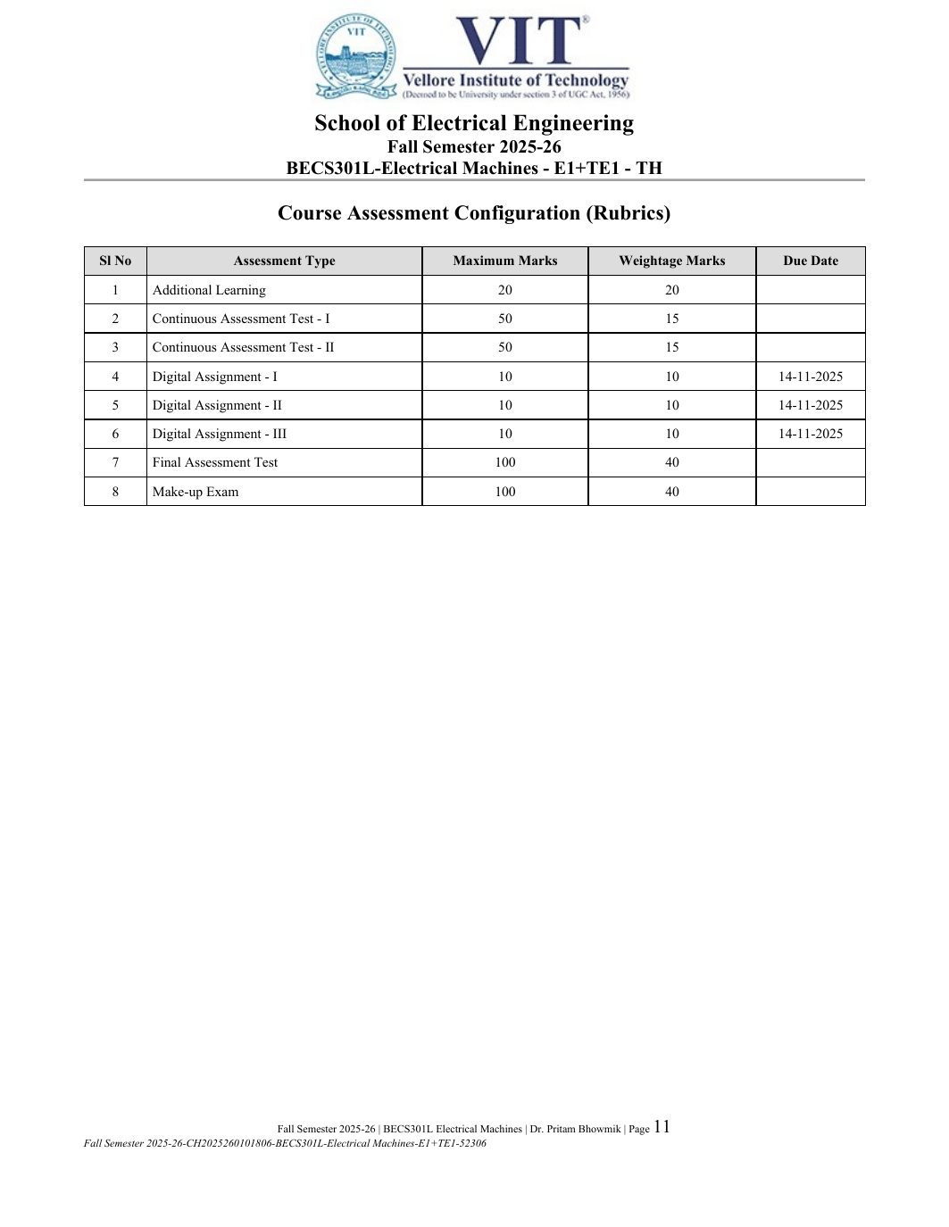 BECS301L Electrical Machines Course File Fall 2025-26 page 11
