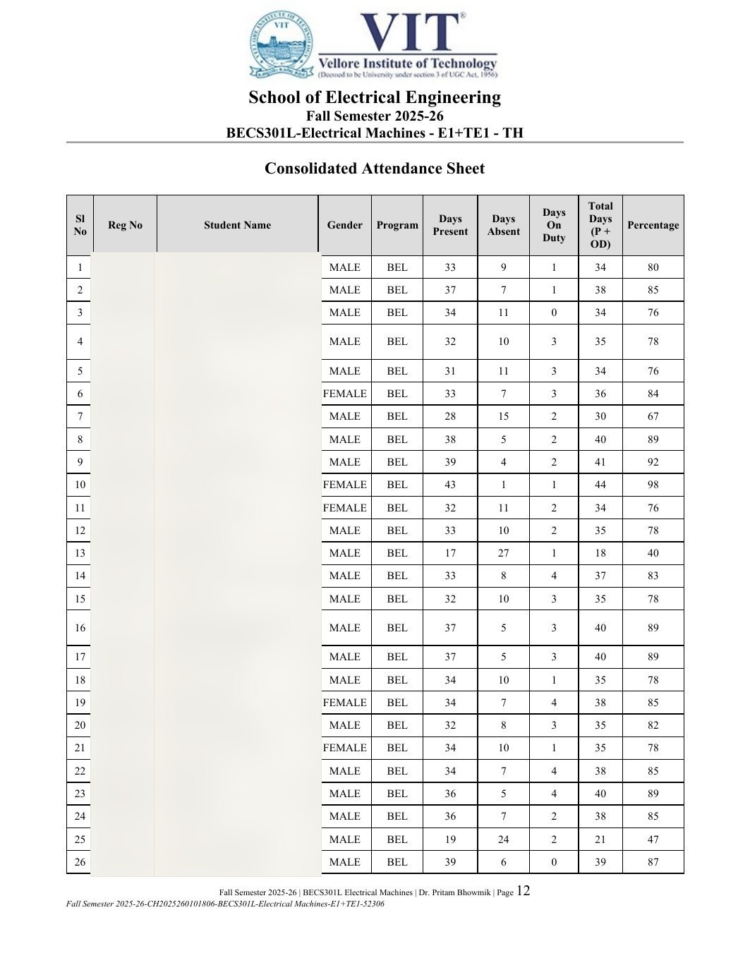 BECS301L Electrical Machines Course File Fall 2025-26 page 12
