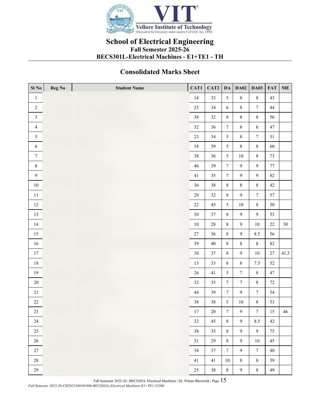 BECS301L Electrical Machines Course File Fall 2025-26 page 15