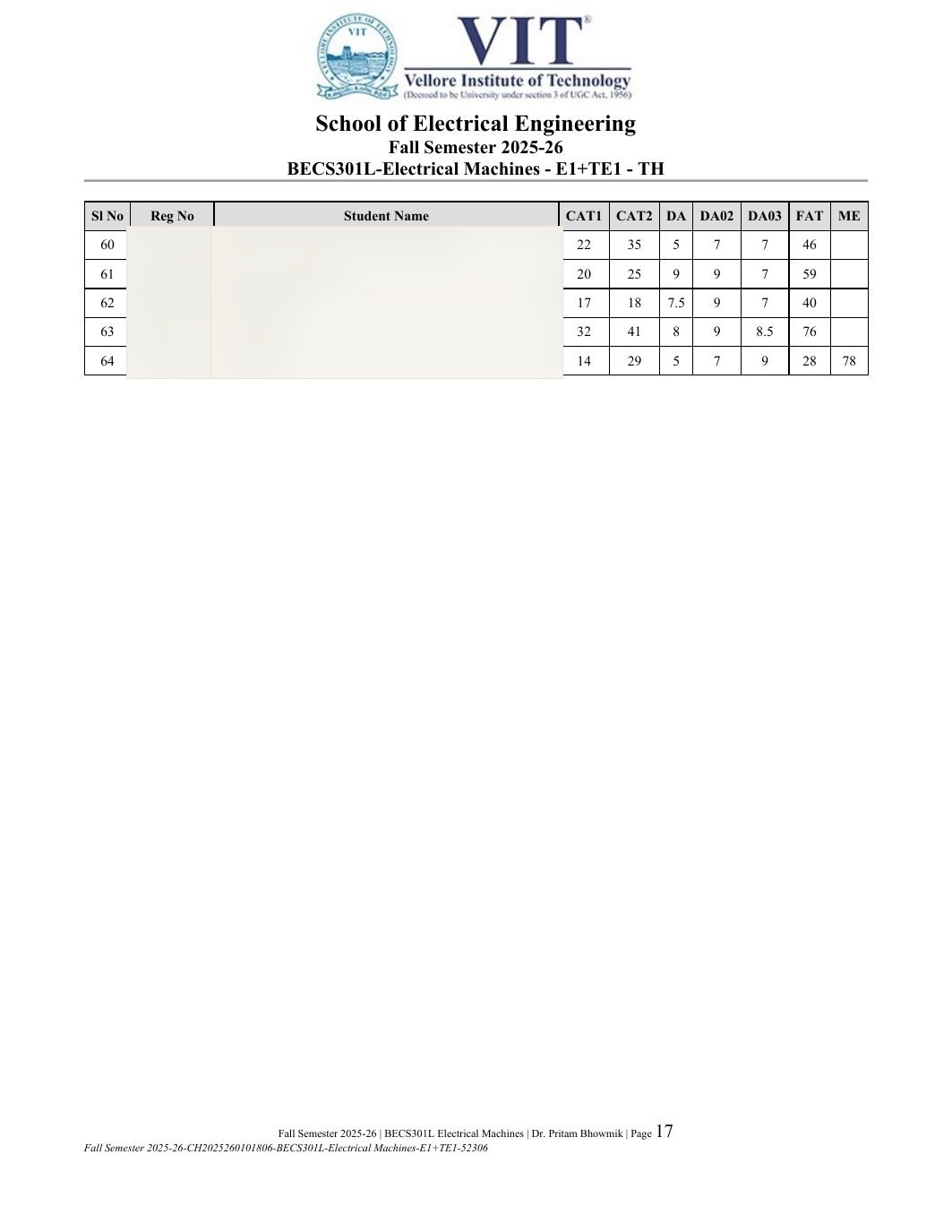 BECS301L Electrical Machines Course File Fall 2025-26 page 17