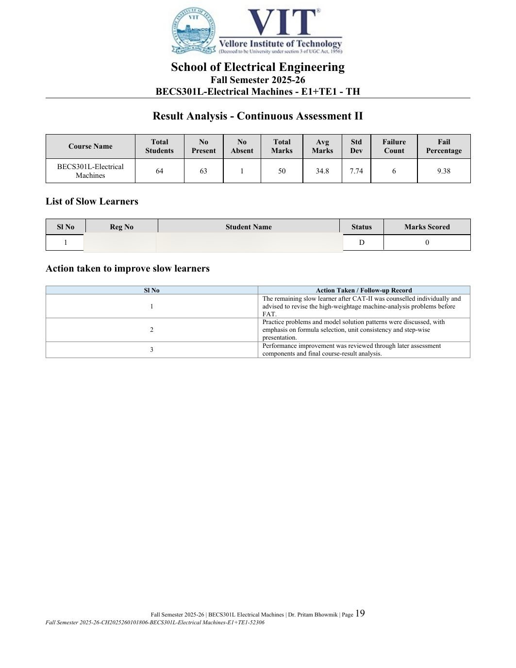 BECS301L Electrical Machines Course File Fall 2025-26 page 19