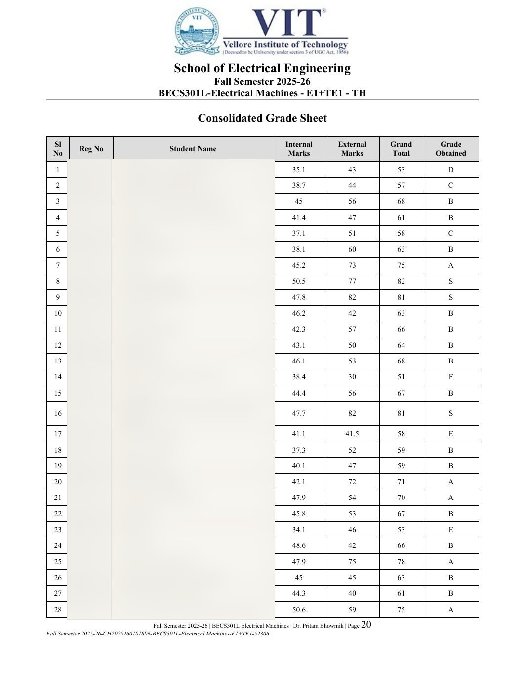 BECS301L Electrical Machines Course File Fall 2025-26 page 20