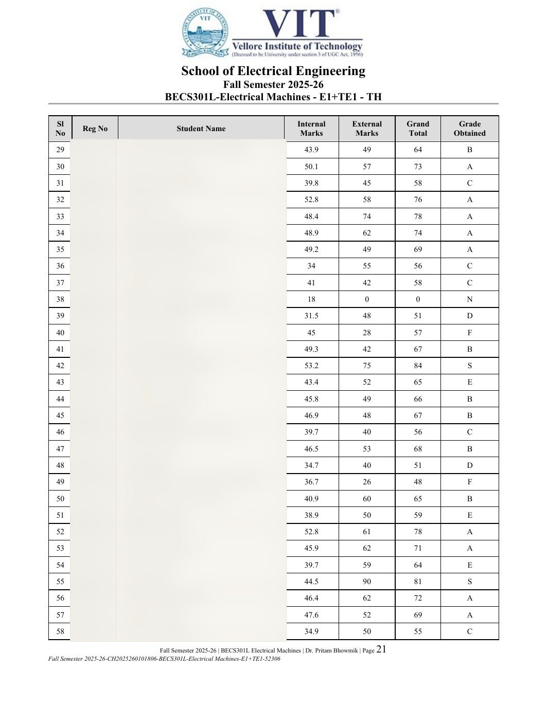 BECS301L Electrical Machines Course File Fall 2025-26 page 21