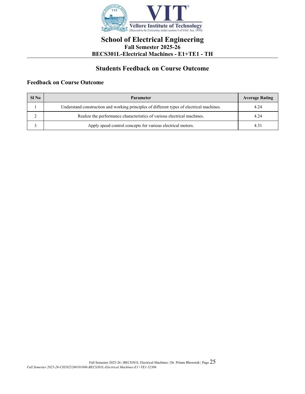 BECS301L Electrical Machines Course File Fall 2025-26 page 25