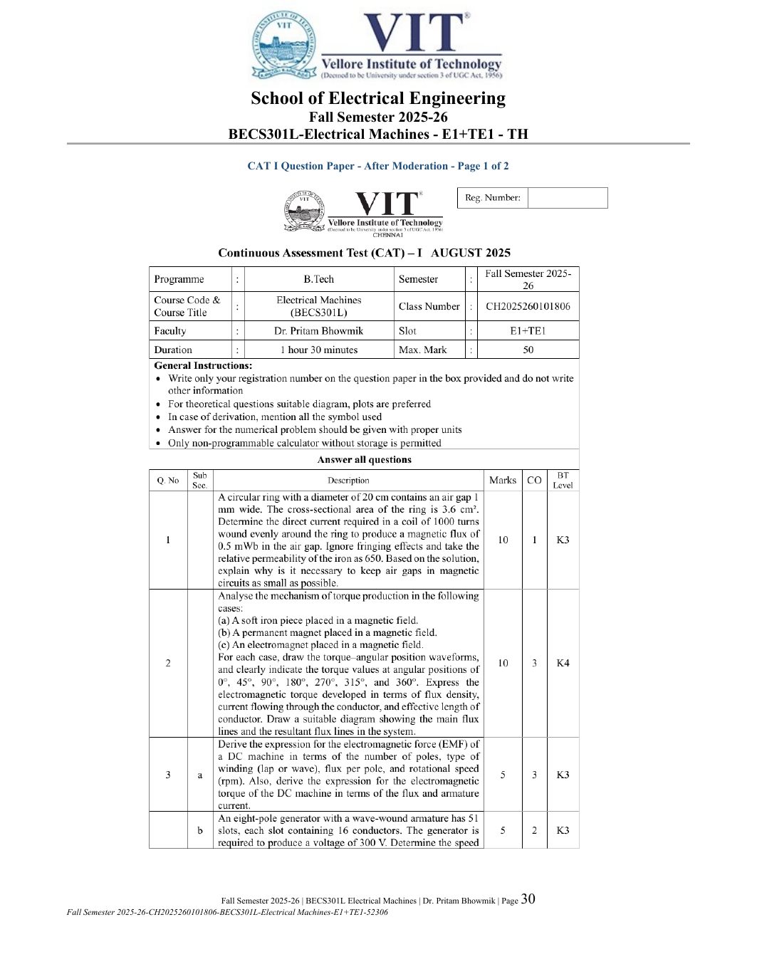 BECS301L Electrical Machines Course File Fall 2025-26 page 30