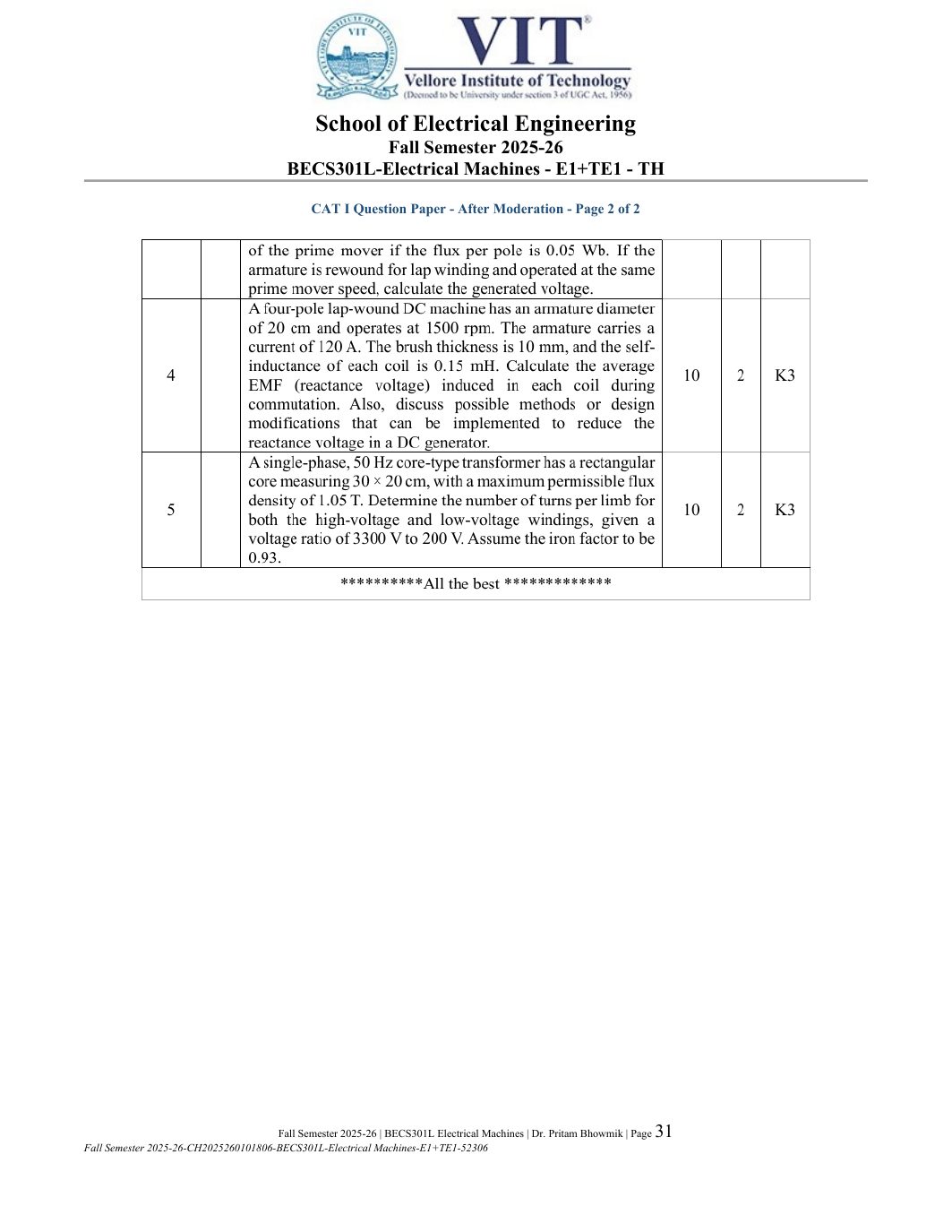 BECS301L Electrical Machines Course File Fall 2025-26 page 31