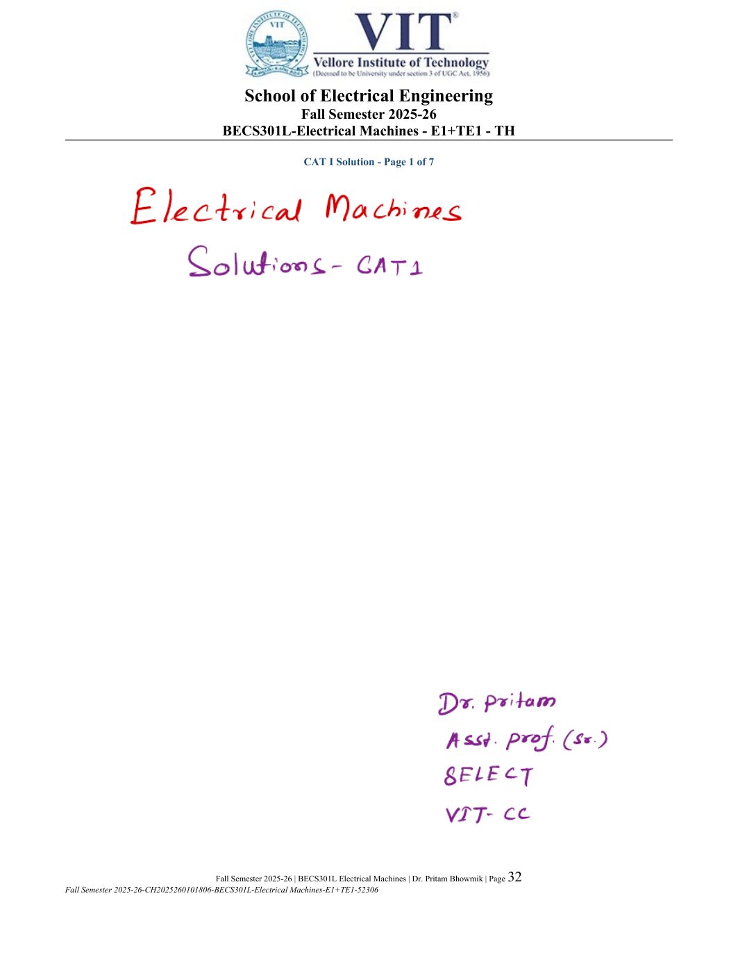 BECS301L Electrical Machines Course File Fall 2025-26 page 32