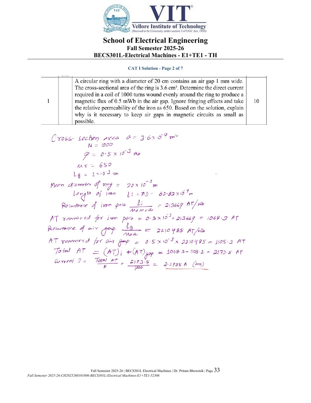 BECS301L Electrical Machines Course File Fall 2025-26 page 33