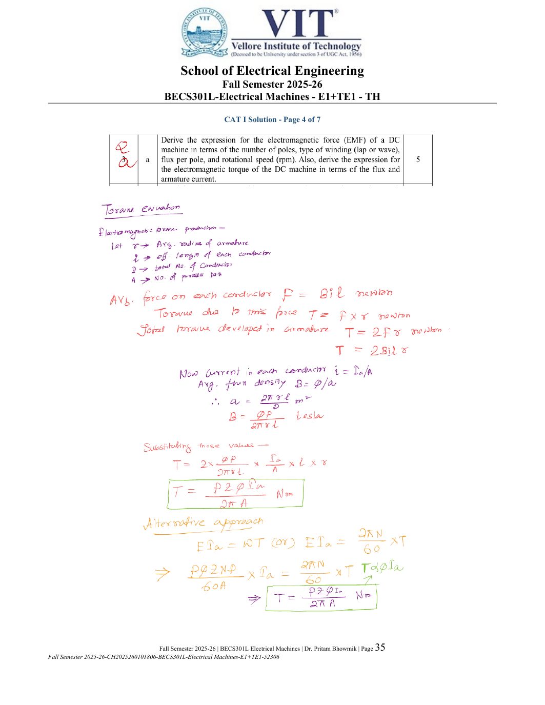 BECS301L Electrical Machines Course File Fall 2025-26 page 35