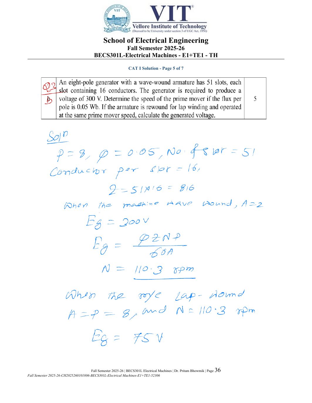 BECS301L Electrical Machines Course File Fall 2025-26 page 36