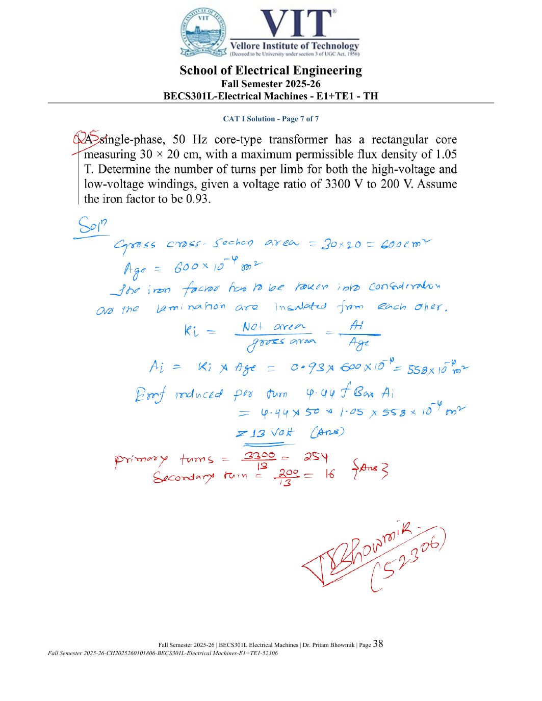 BECS301L Electrical Machines Course File Fall 2025-26 page 38