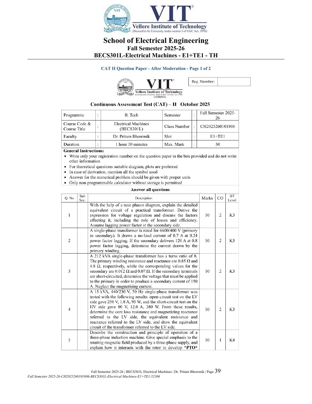 BECS301L Electrical Machines Course File Fall 2025-26 page 39