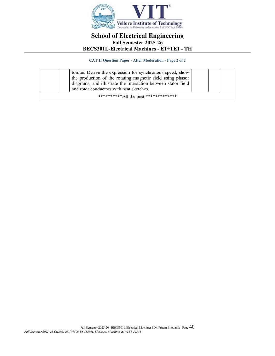 BECS301L Electrical Machines Course File Fall 2025-26 page 40