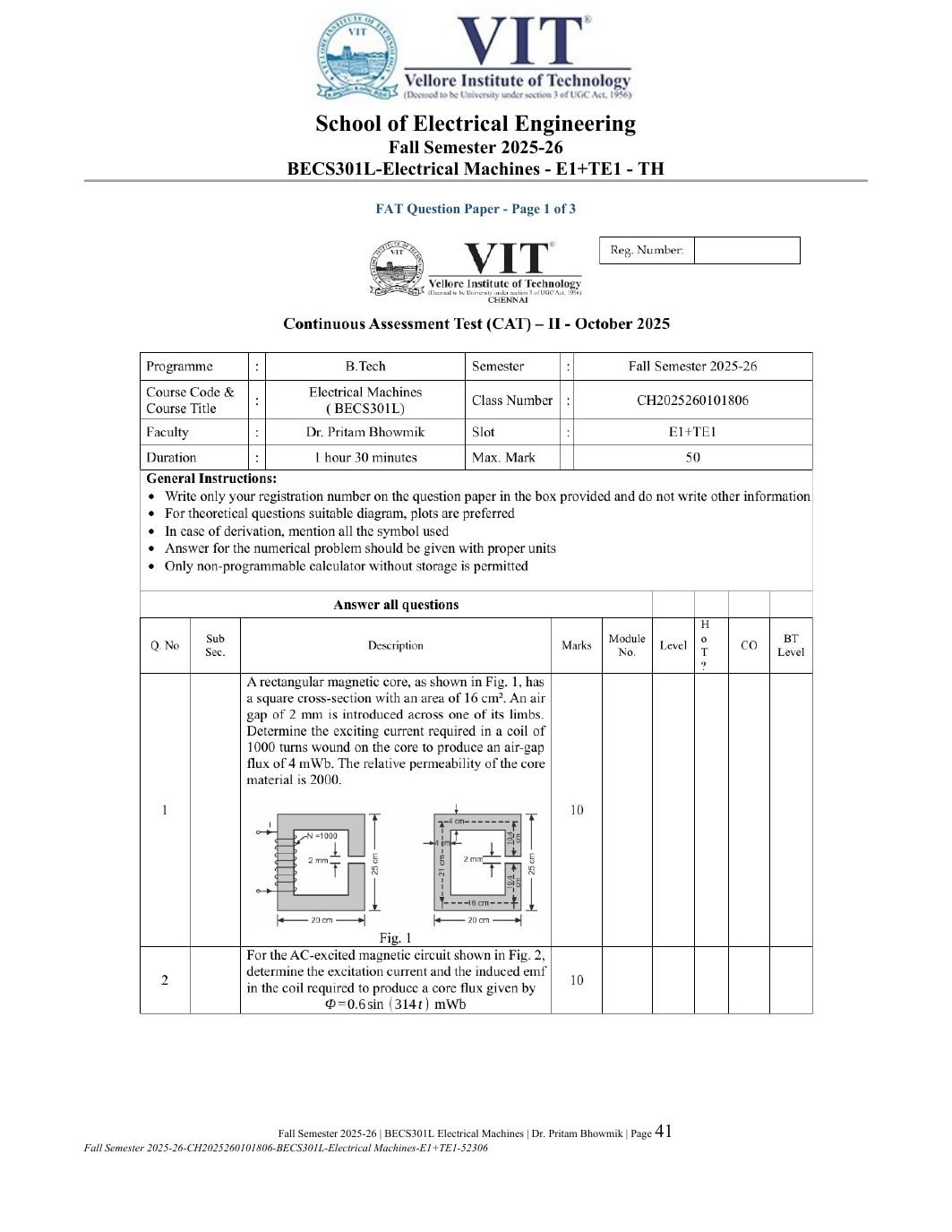 BECS301L Electrical Machines Course File Fall 2025-26 page 41