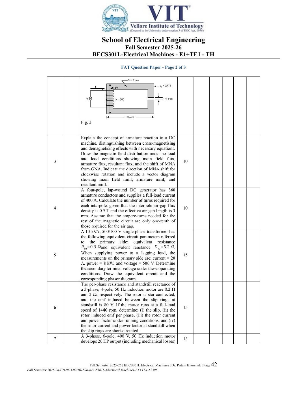 BECS301L Electrical Machines Course File Fall 2025-26 page 42