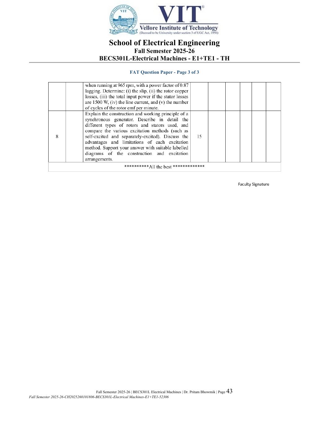 BECS301L Electrical Machines Course File Fall 2025-26 page 43