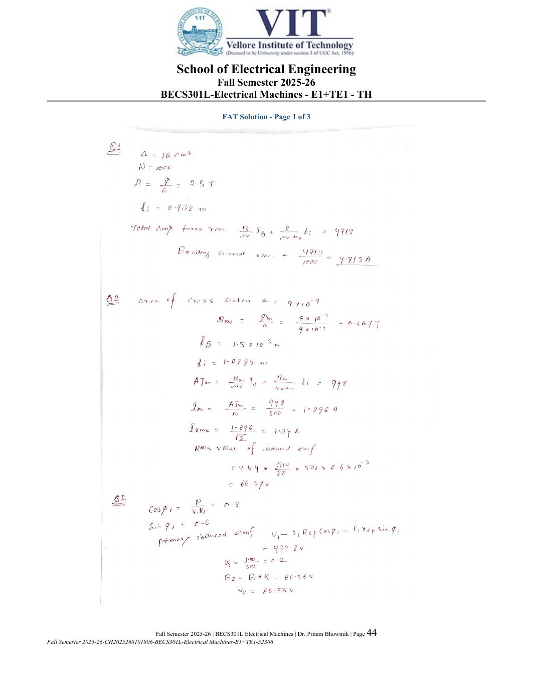 BECS301L Electrical Machines Course File Fall 2025-26 page 44