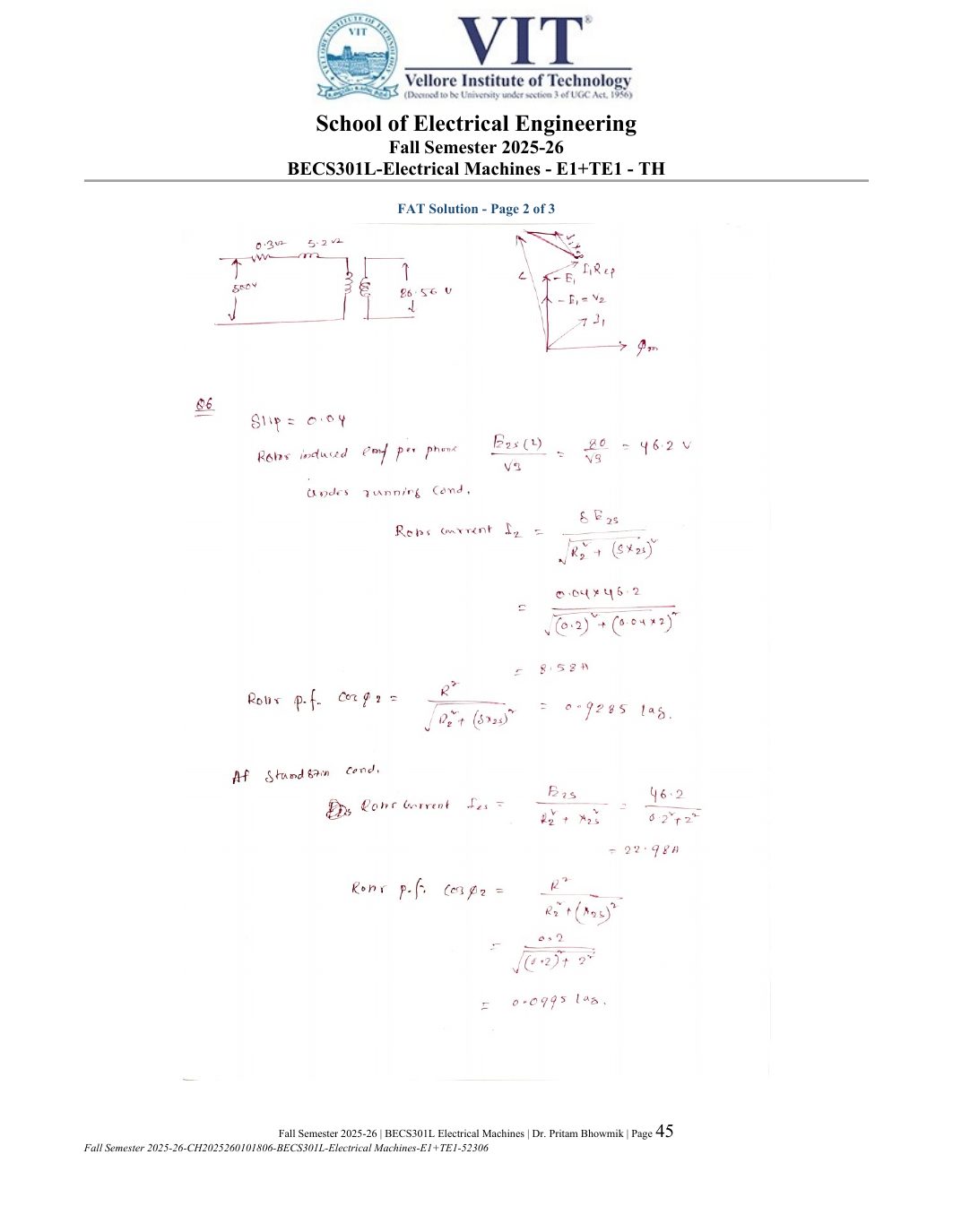 BECS301L Electrical Machines Course File Fall 2025-26 page 45