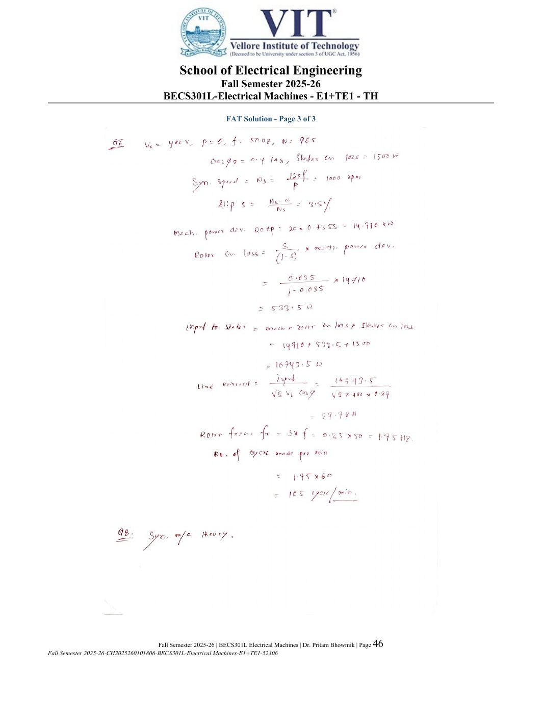 BECS301L Electrical Machines Course File Fall 2025-26 page 46