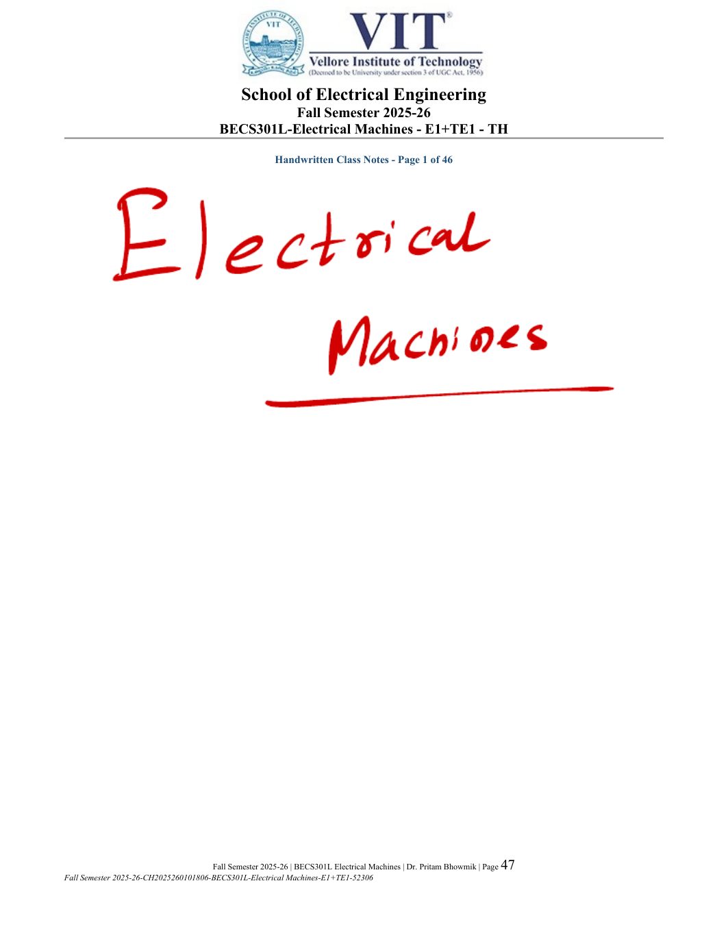 BECS301L Electrical Machines Course File Fall 2025-26 page 47