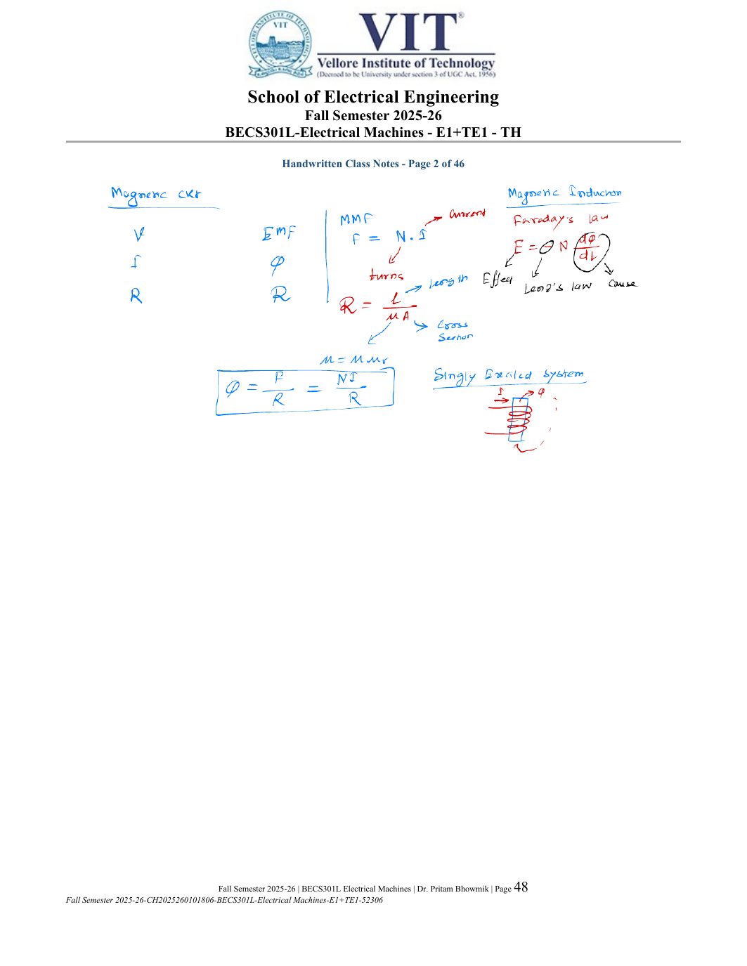 BECS301L Electrical Machines Course File Fall 2025-26 page 48