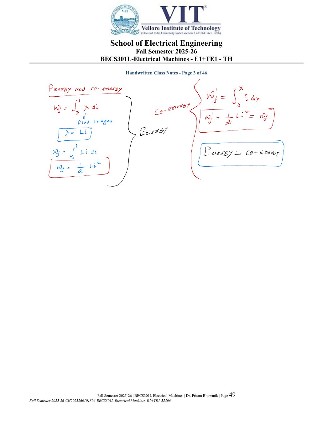 BECS301L Electrical Machines Course File Fall 2025-26 page 49