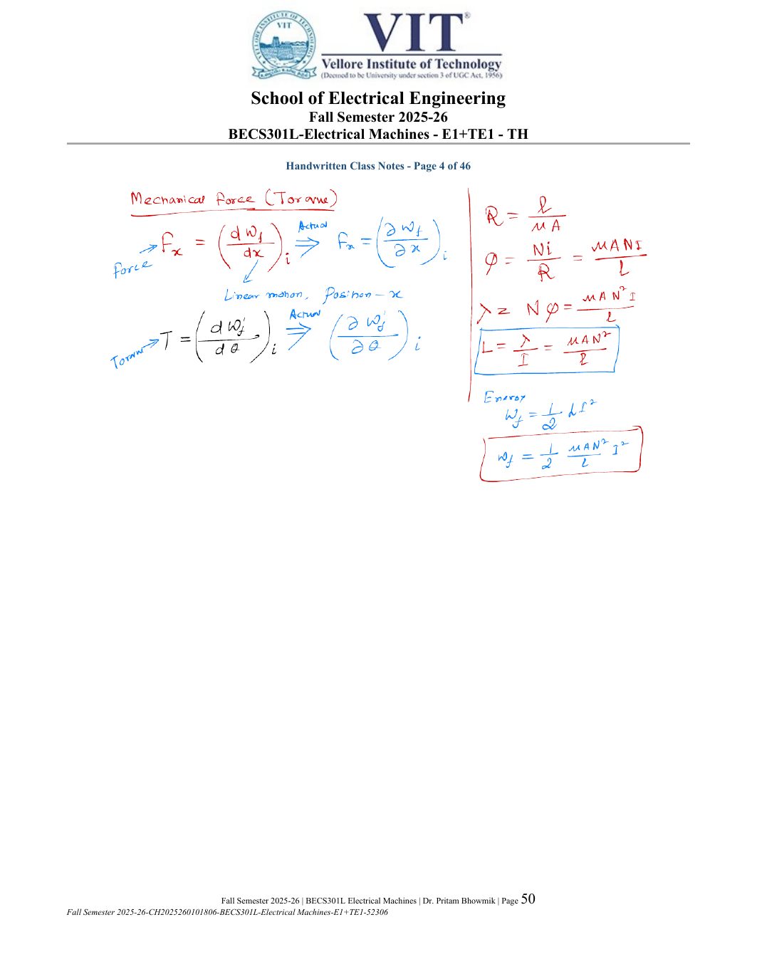 BECS301L Electrical Machines Course File Fall 2025-26 page 50