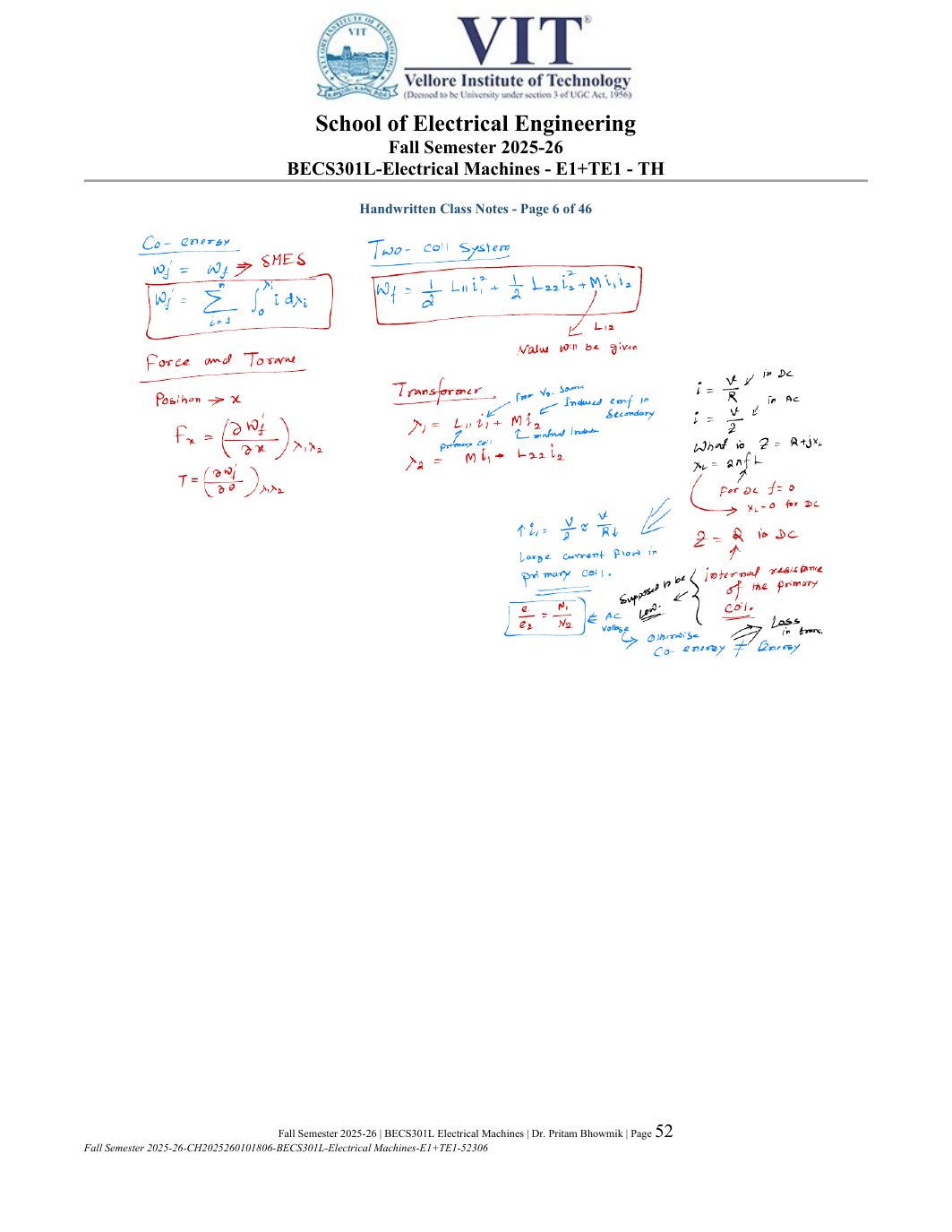 BECS301L Electrical Machines Course File Fall 2025-26 page 52