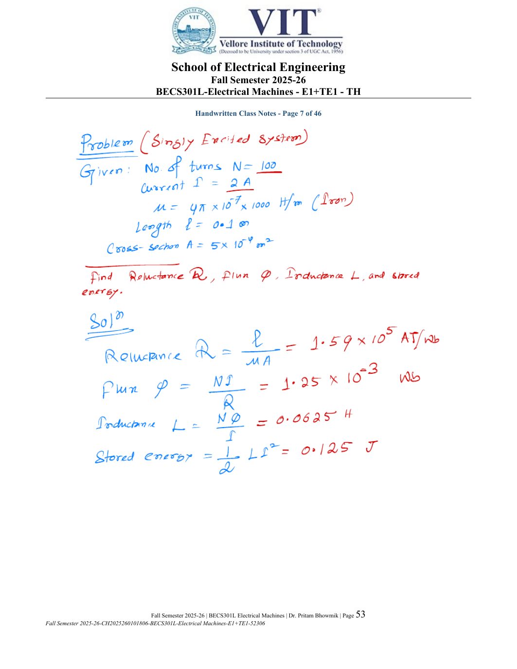 BECS301L Electrical Machines Course File Fall 2025-26 page 53
