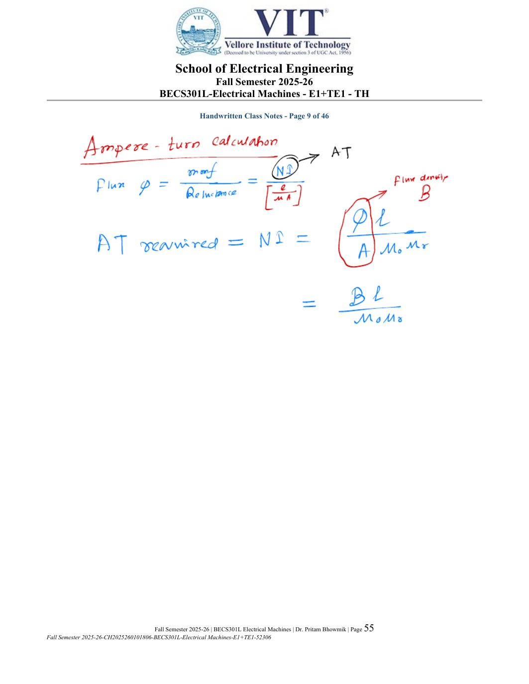 BECS301L Electrical Machines Course File Fall 2025-26 page 55