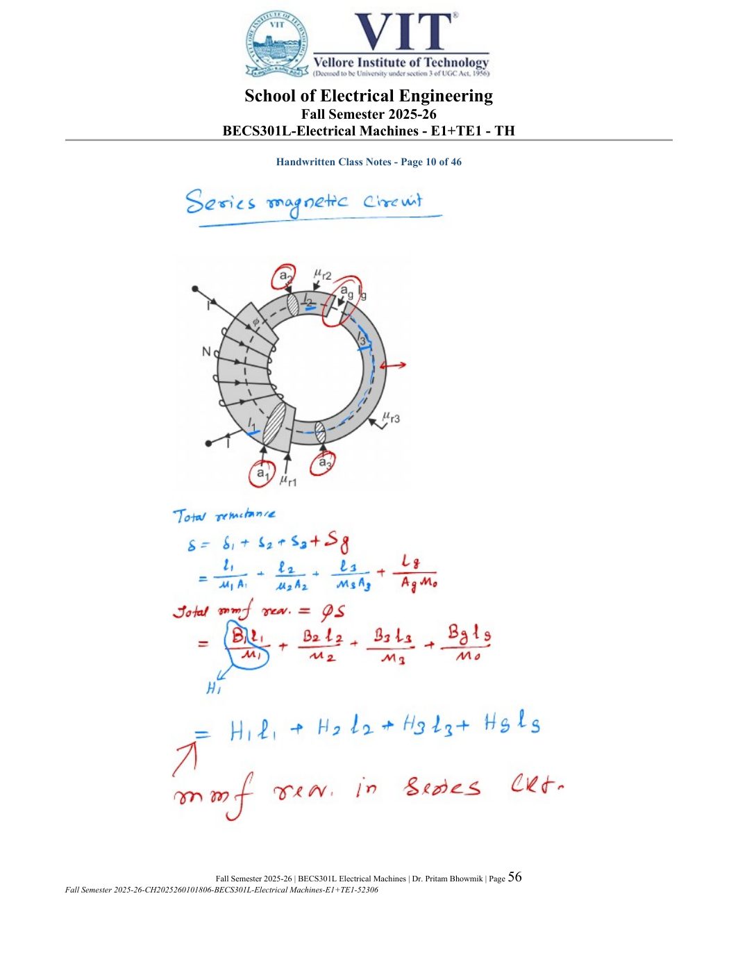 BECS301L Electrical Machines Course File Fall 2025-26 page 56