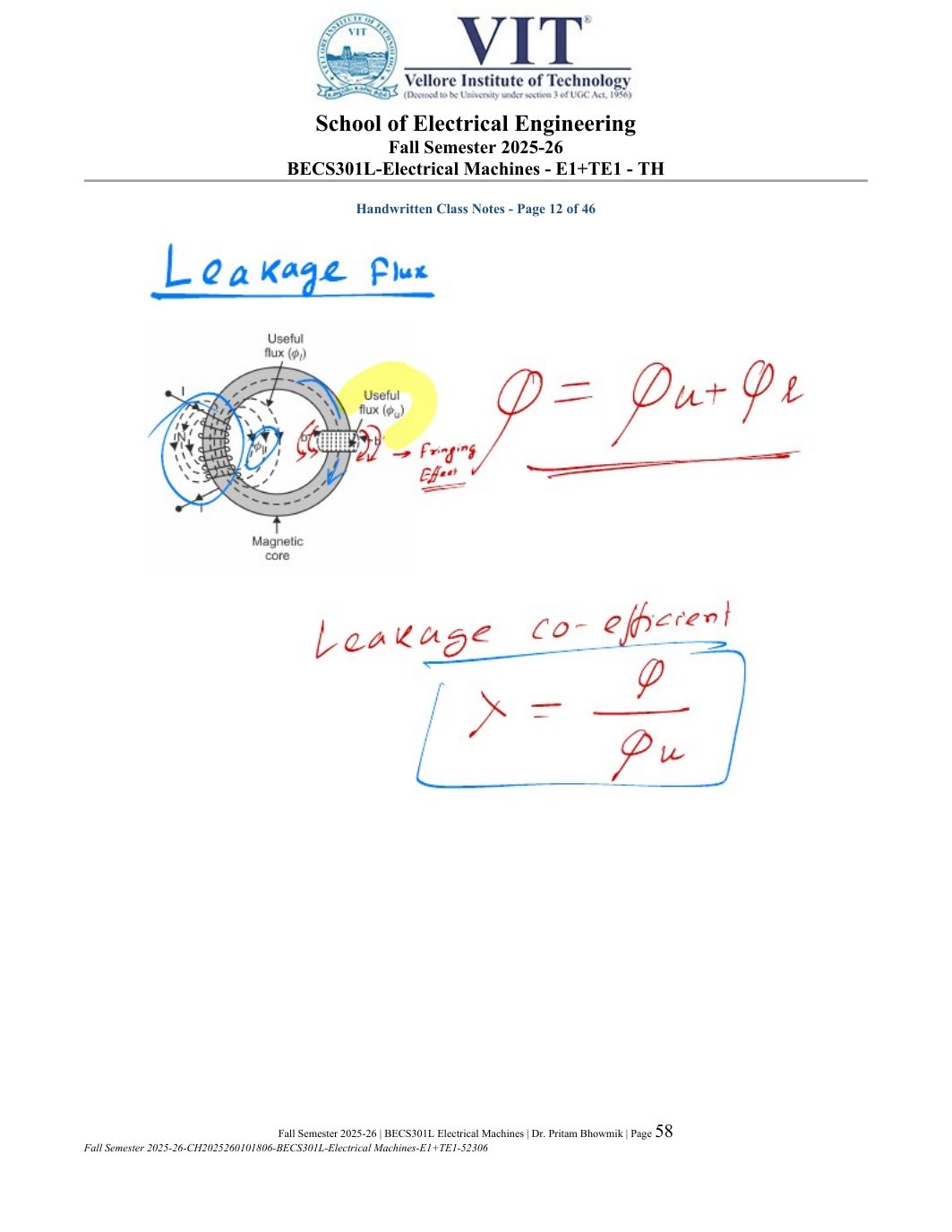 BECS301L Electrical Machines Course File Fall 2025-26 page 58