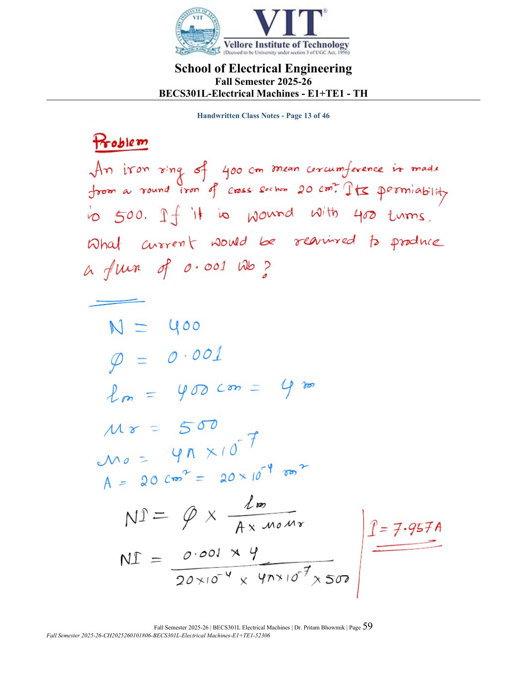 BECS301L Electrical Machines Course File Fall 2025-26 page 59