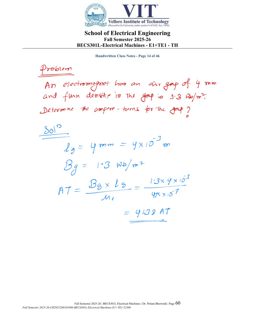BECS301L Electrical Machines Course File Fall 2025-26 page 60