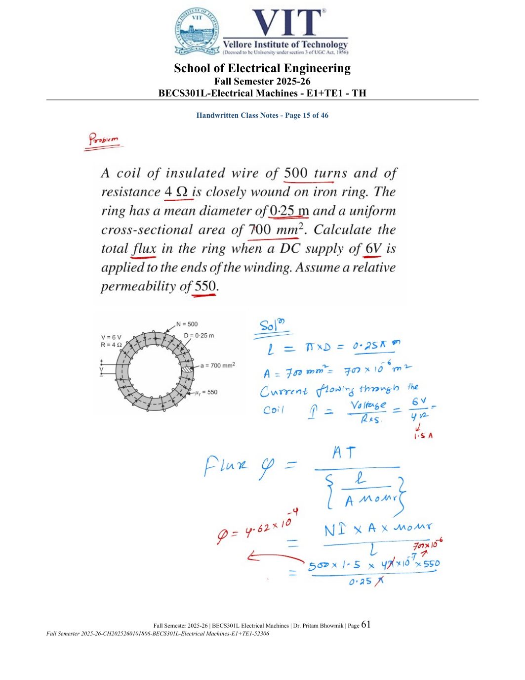 BECS301L Electrical Machines Course File Fall 2025-26 page 61