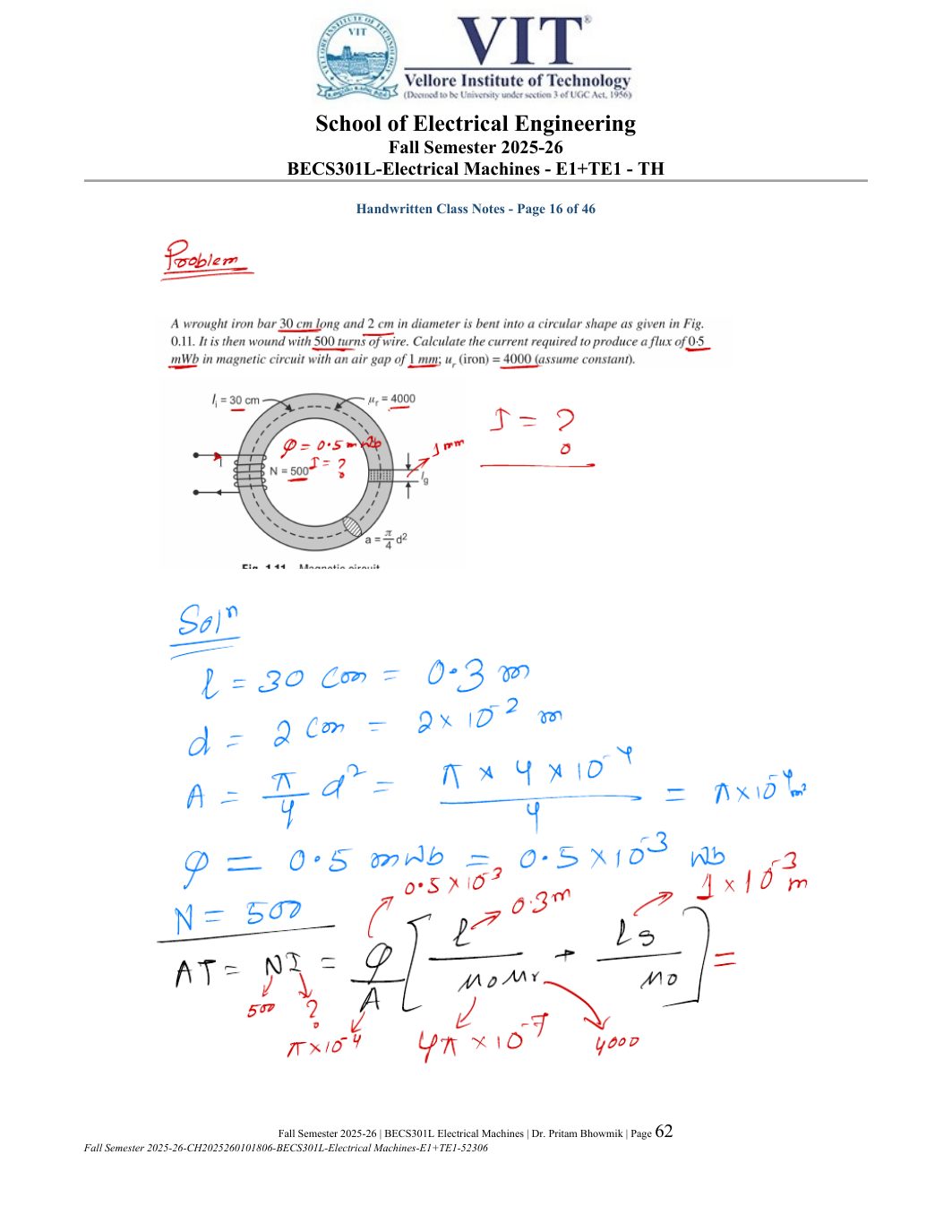 BECS301L Electrical Machines Course File Fall 2025-26 page 62