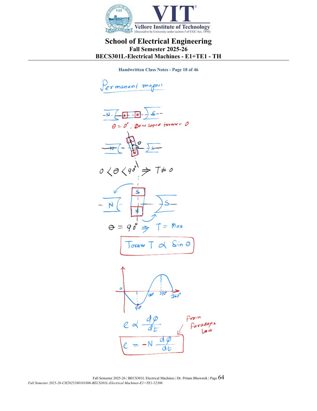 BECS301L Electrical Machines Course File Fall 2025-26 page 64
