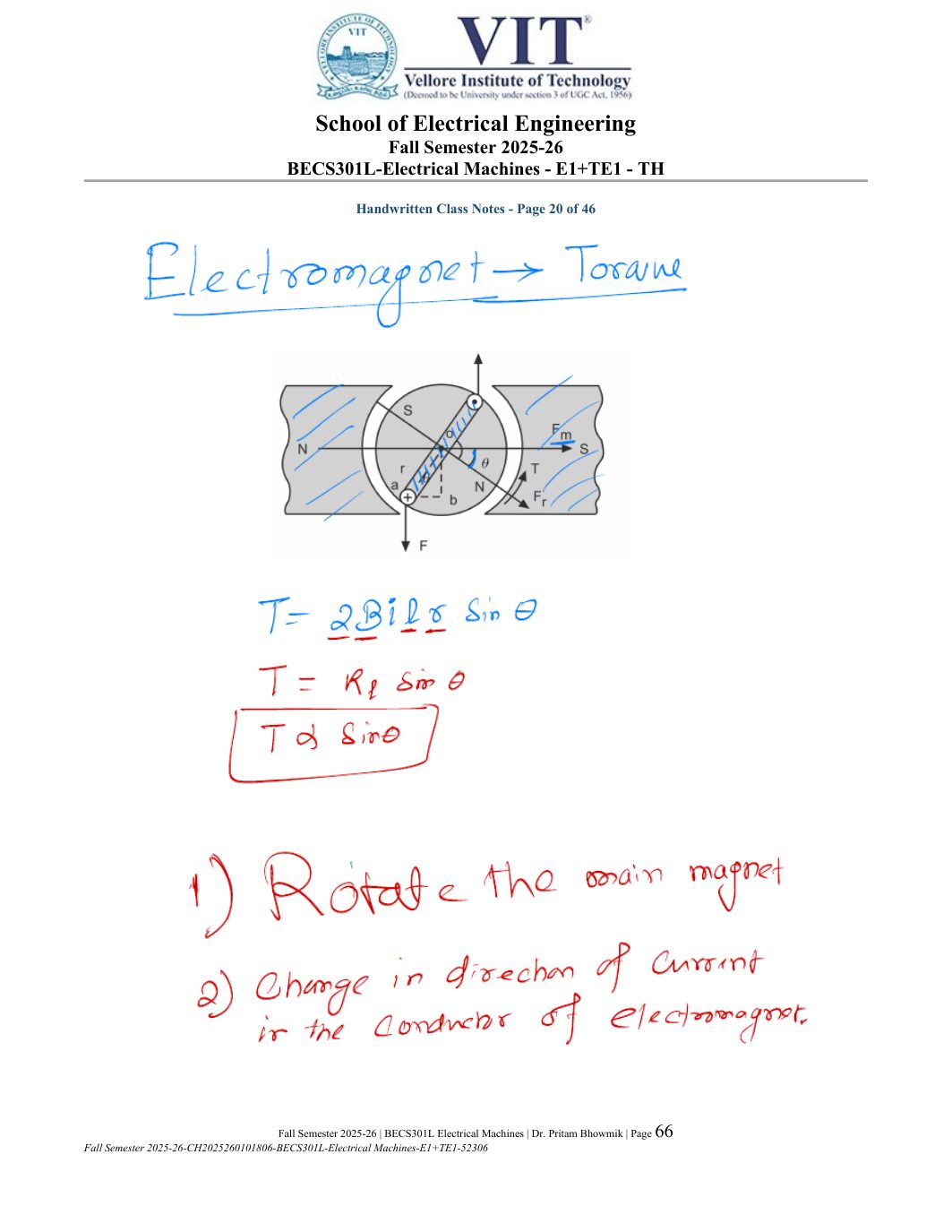 BECS301L Electrical Machines Course File Fall 2025-26 page 66