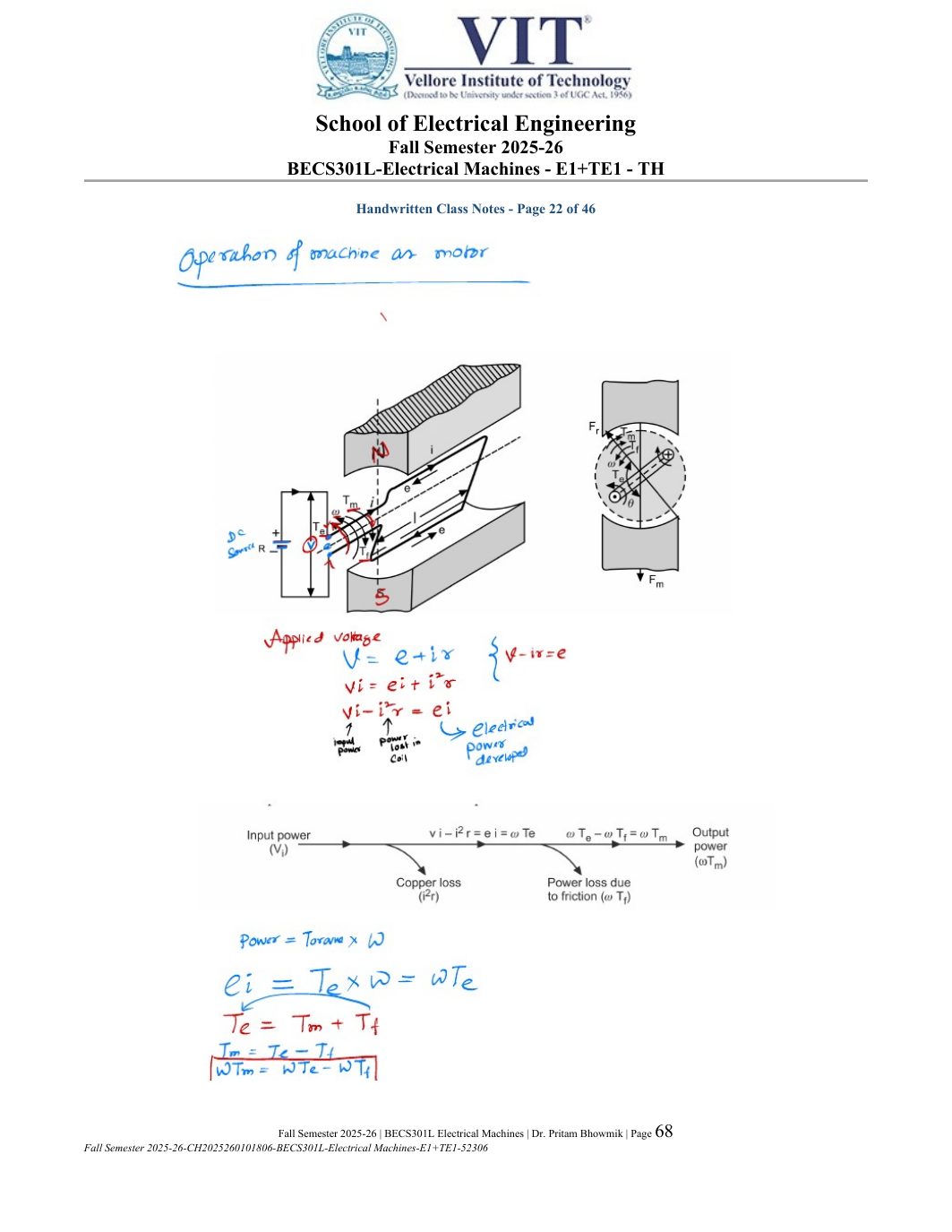 BECS301L Electrical Machines Course File Fall 2025-26 page 68