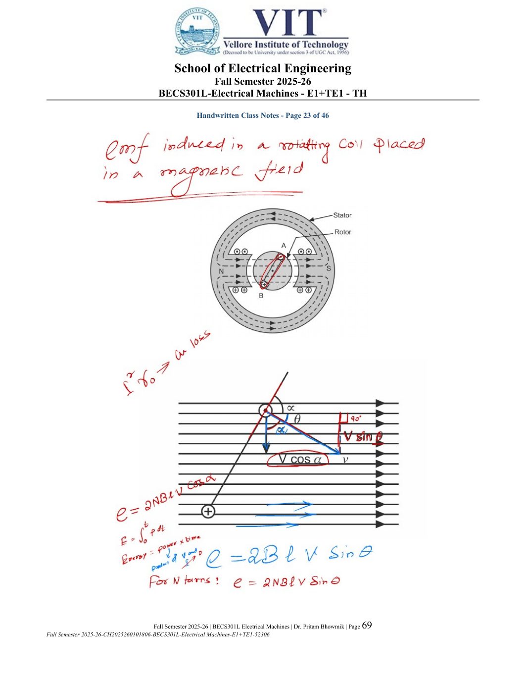 BECS301L Electrical Machines Course File Fall 2025-26 page 69