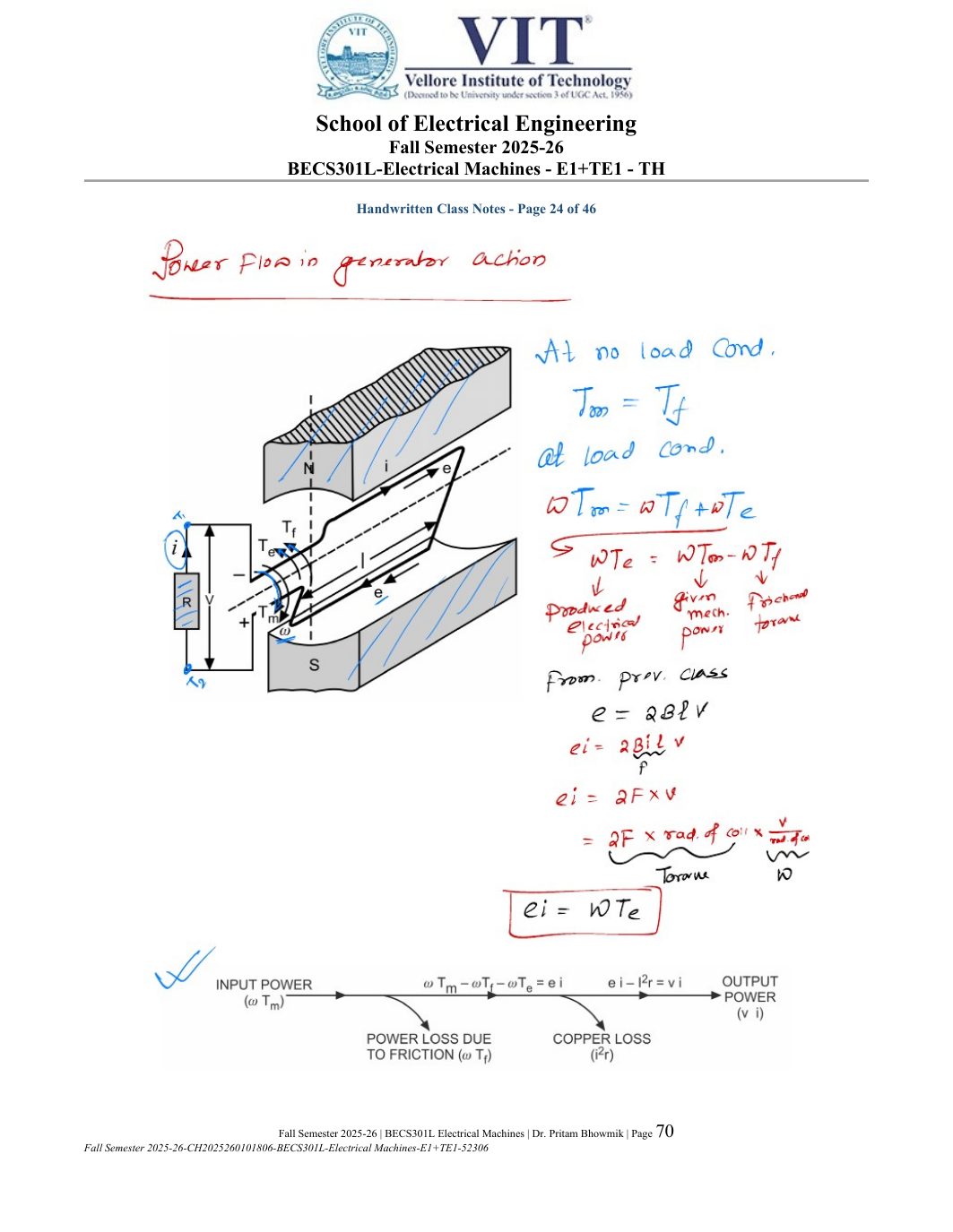 BECS301L Electrical Machines Course File Fall 2025-26 page 70