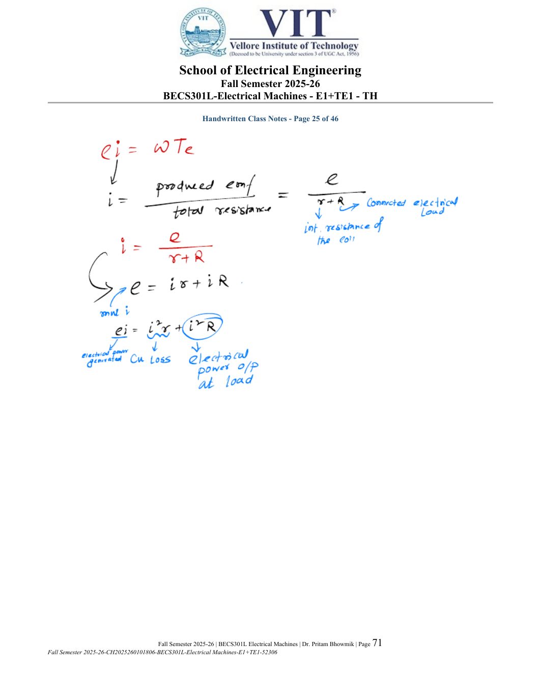 BECS301L Electrical Machines Course File Fall 2025-26 page 71