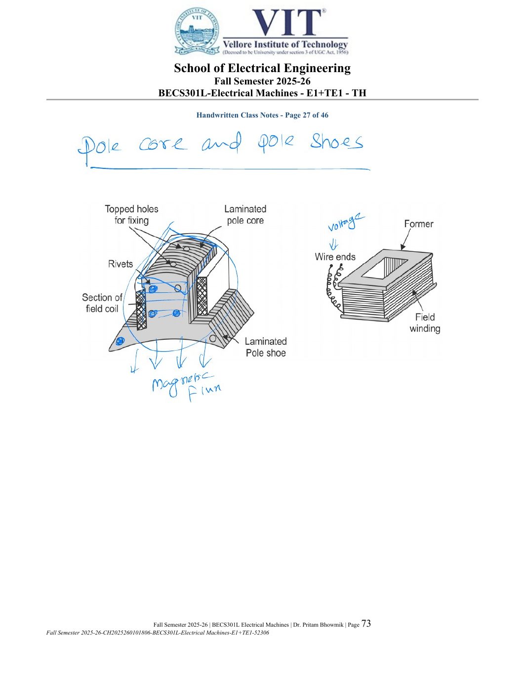BECS301L Electrical Machines Course File Fall 2025-26 page 73